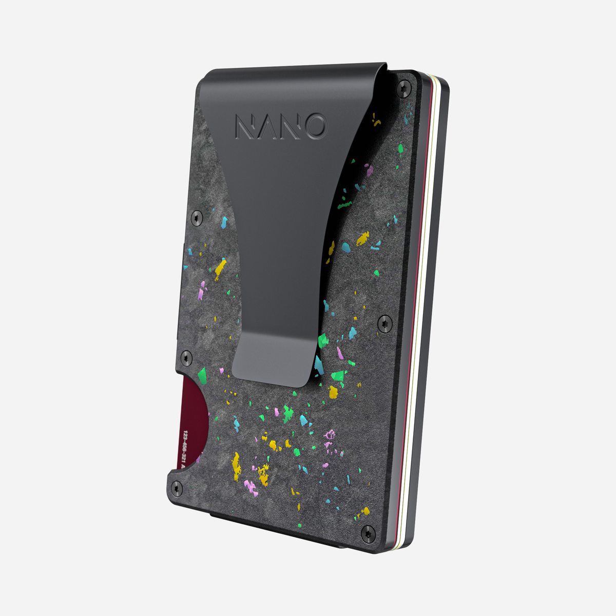 Angled back view of the NANO™ Forged Carbon Money Clip Wallet in Nero/Prisma