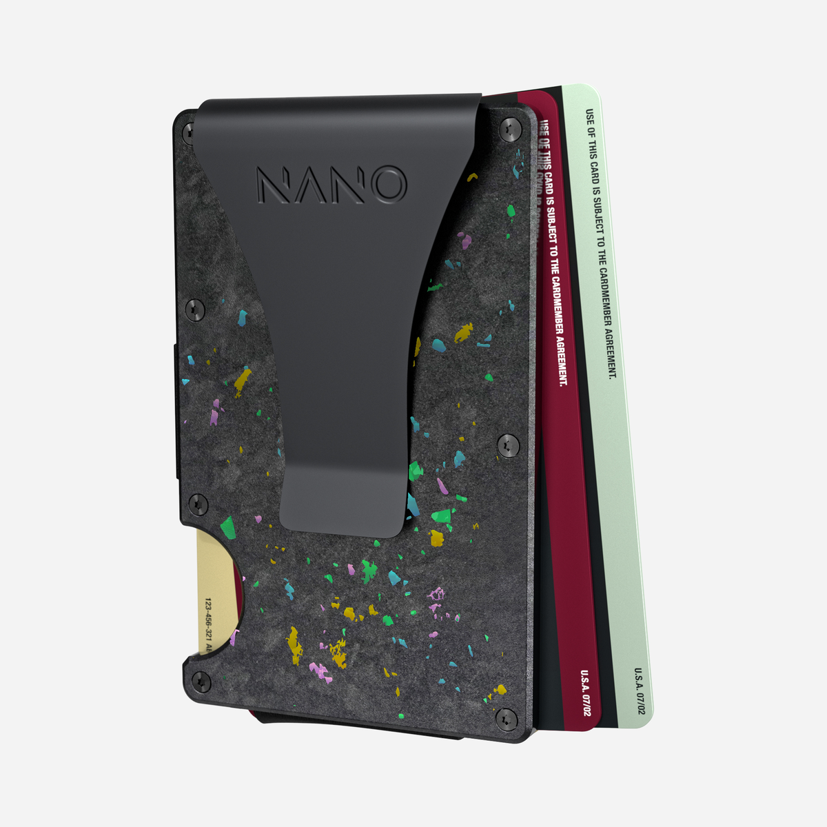 Angled back view showing cards fanned out of the NANO™ Forged Carbon Money Clip Wallet in Nero/Prisma