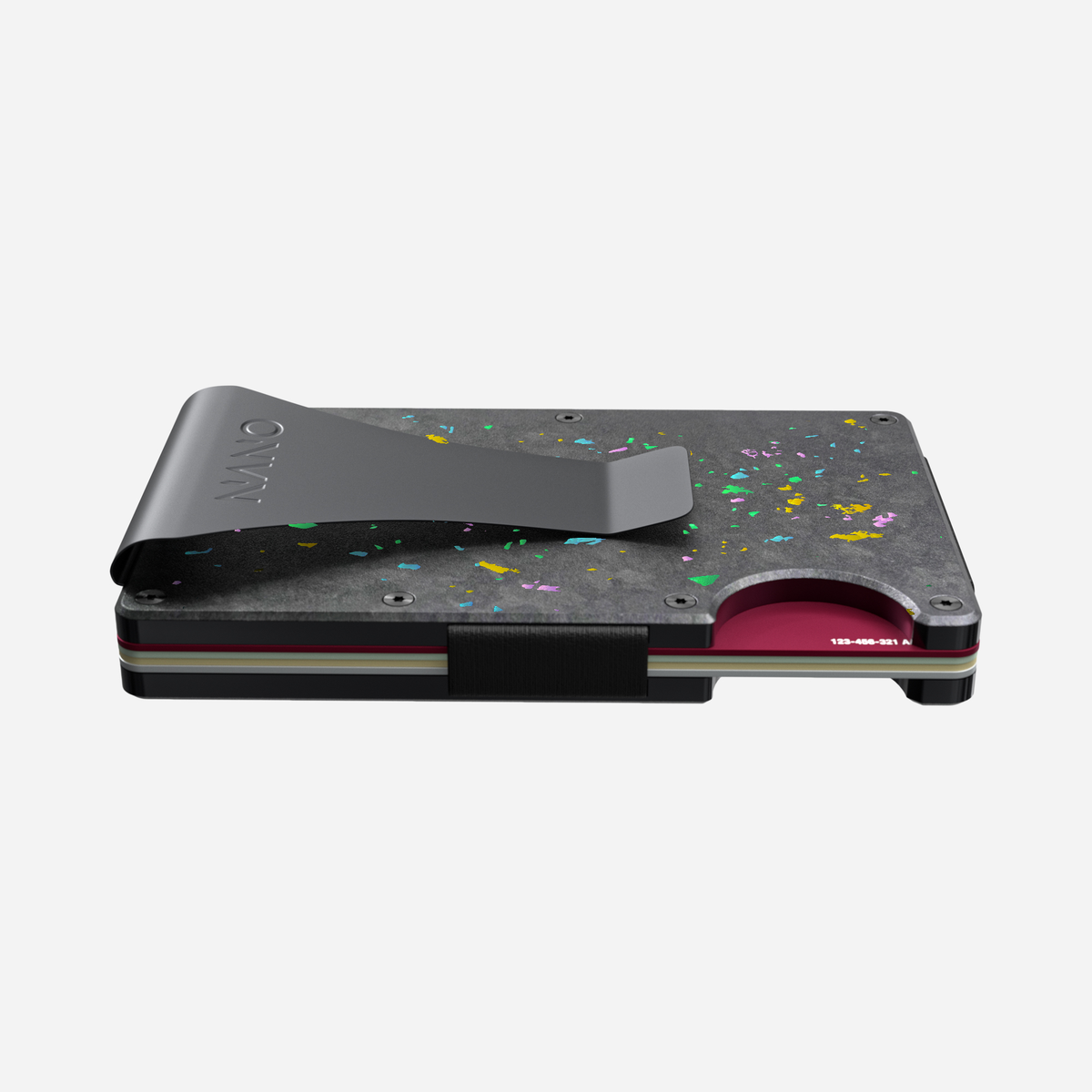 Angled side and back view showing its slim profile of the NANO™ Forged Carbon Money Clip Wallet in Nero/Prisma