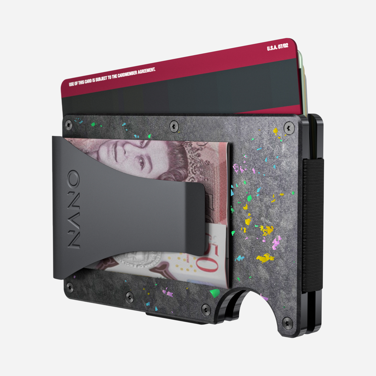 Angled back view showing cards and folded cash of the NANO™ Forged Carbon Money Clip Wallet in Nero/Prisma