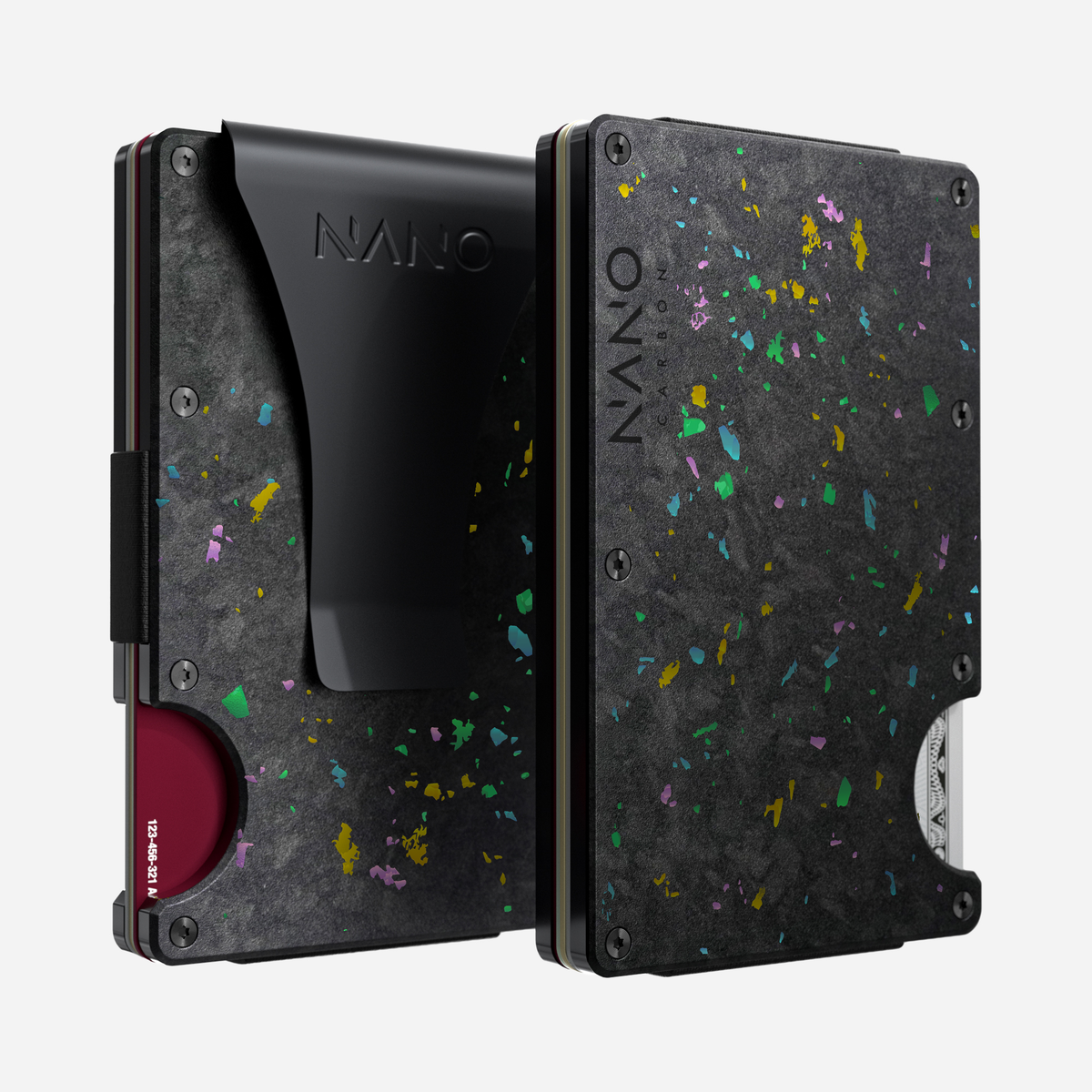 Front and back view of the NANO™ Forged Carbon Money Clip Wallet in Nero/Prisma