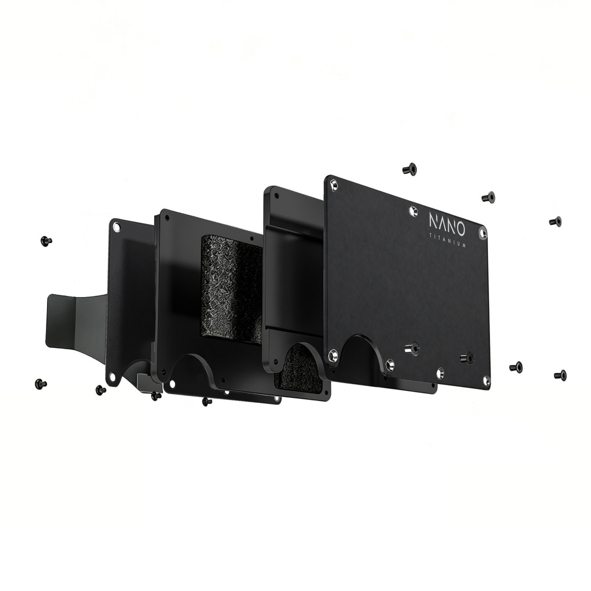 NANO Titanium Axiom Black exploded construction, showing front and rear cover plates, internal plates, elastic retention, screws and optional Money Clip