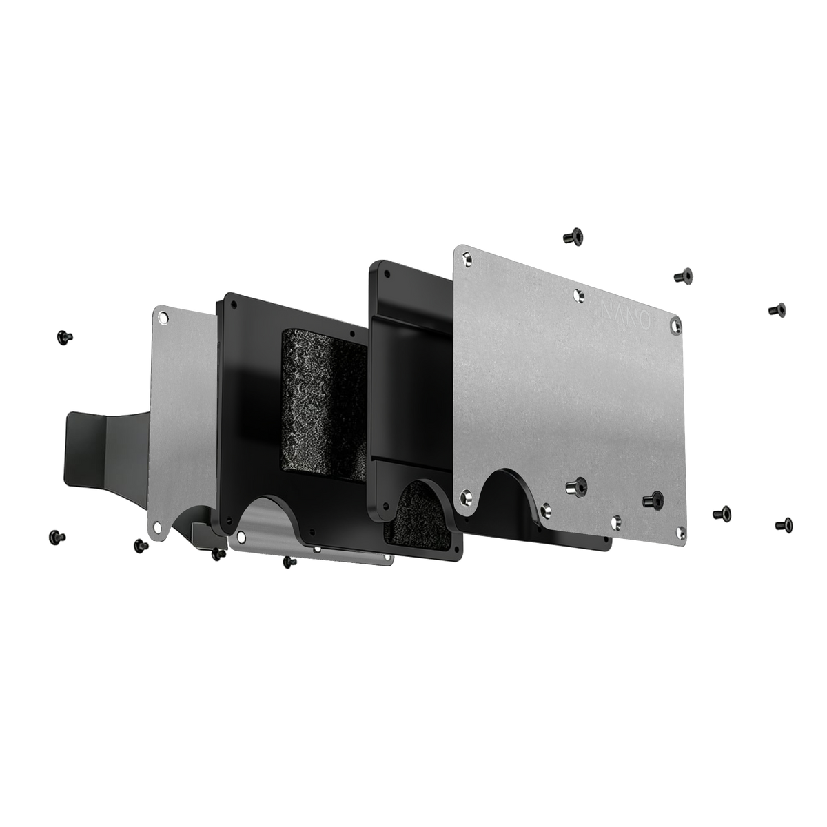 NANO Raw Stonewashed titanium wallet exploded construction with titanium outer plates, internal chassis, elastic retention, money clip and screws