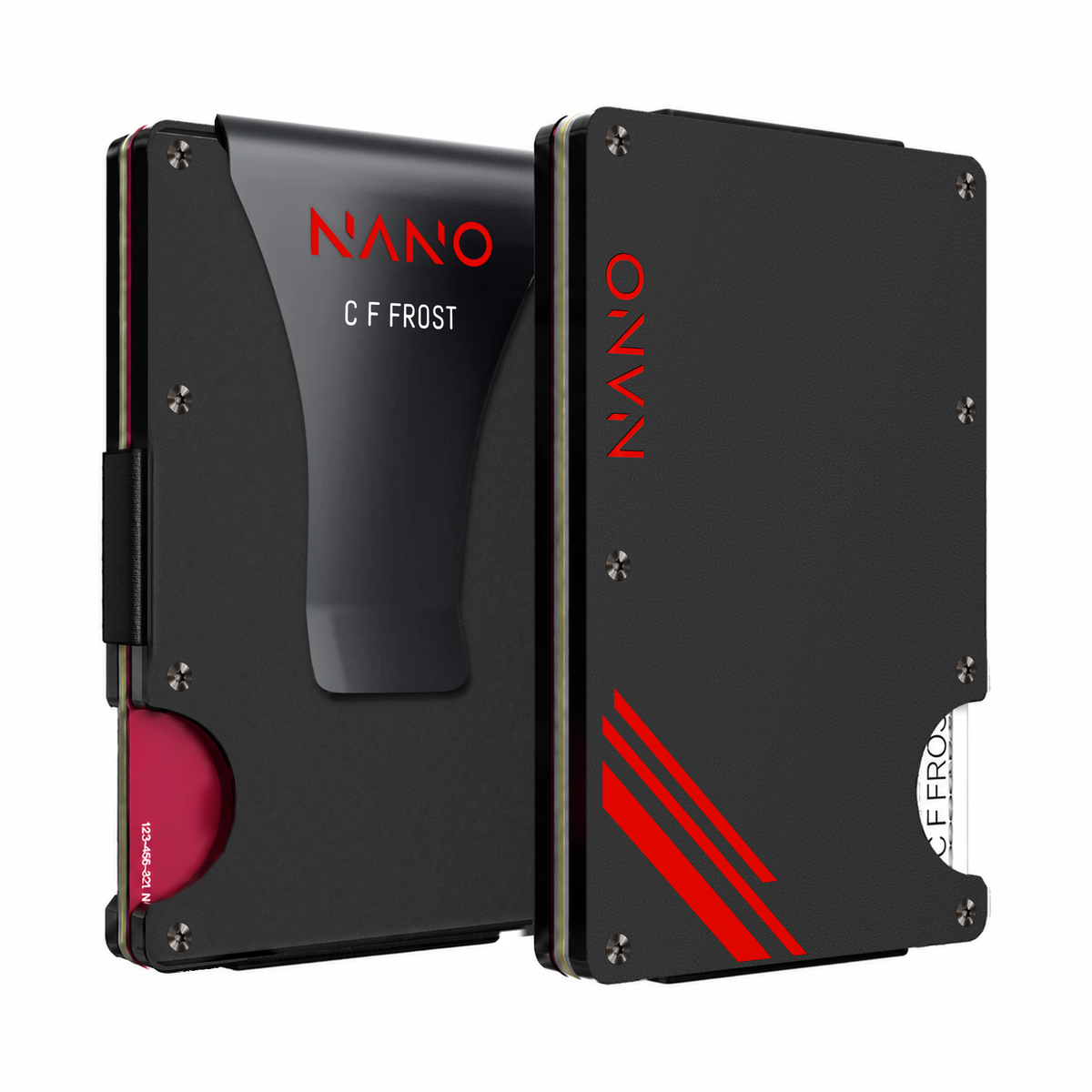 NANO Vortex Black/Inferno Red Personalised Money Clip Wallet — front and rear