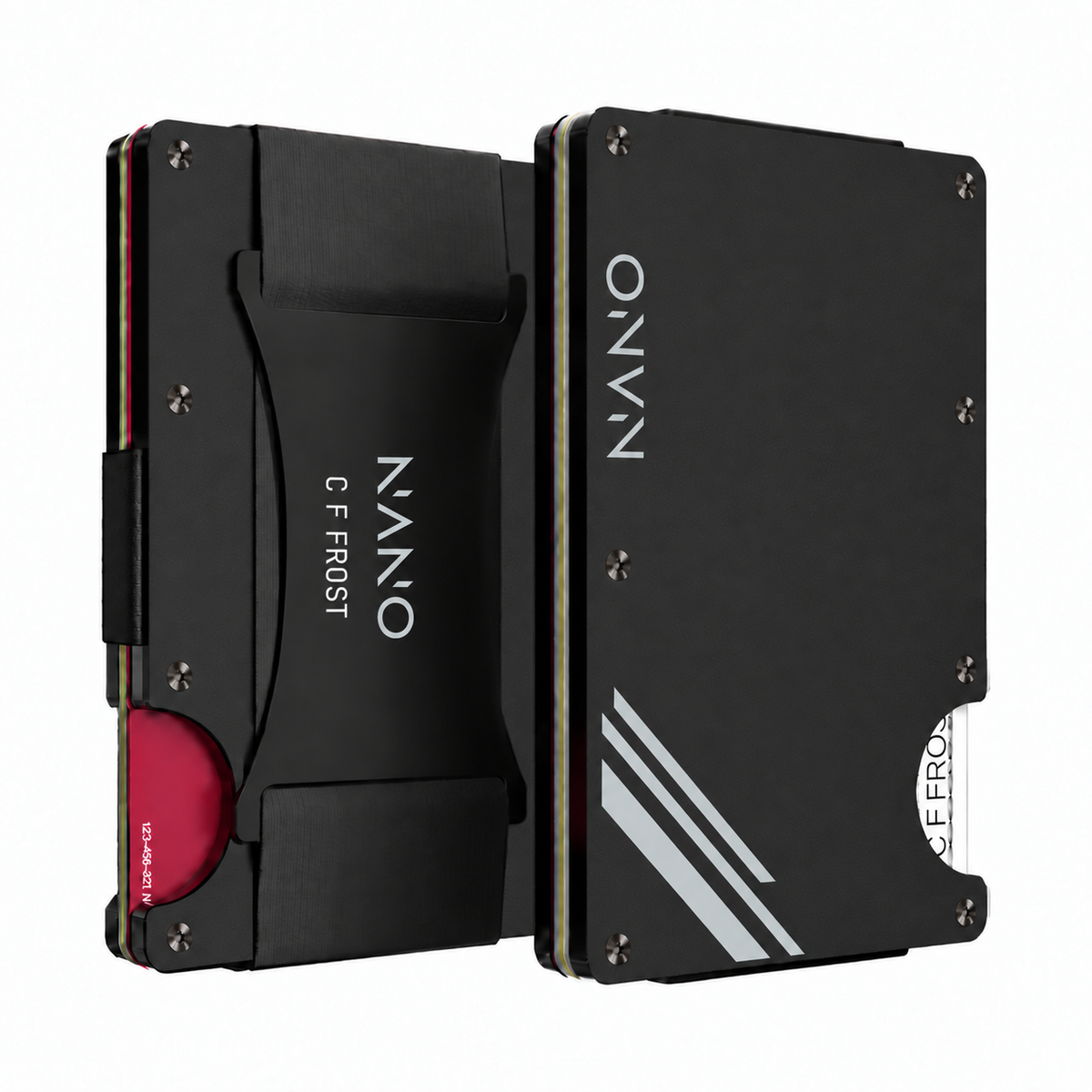 NANO personalised Vortex Black/Nardo Grey cash strap wallet, front and rear views