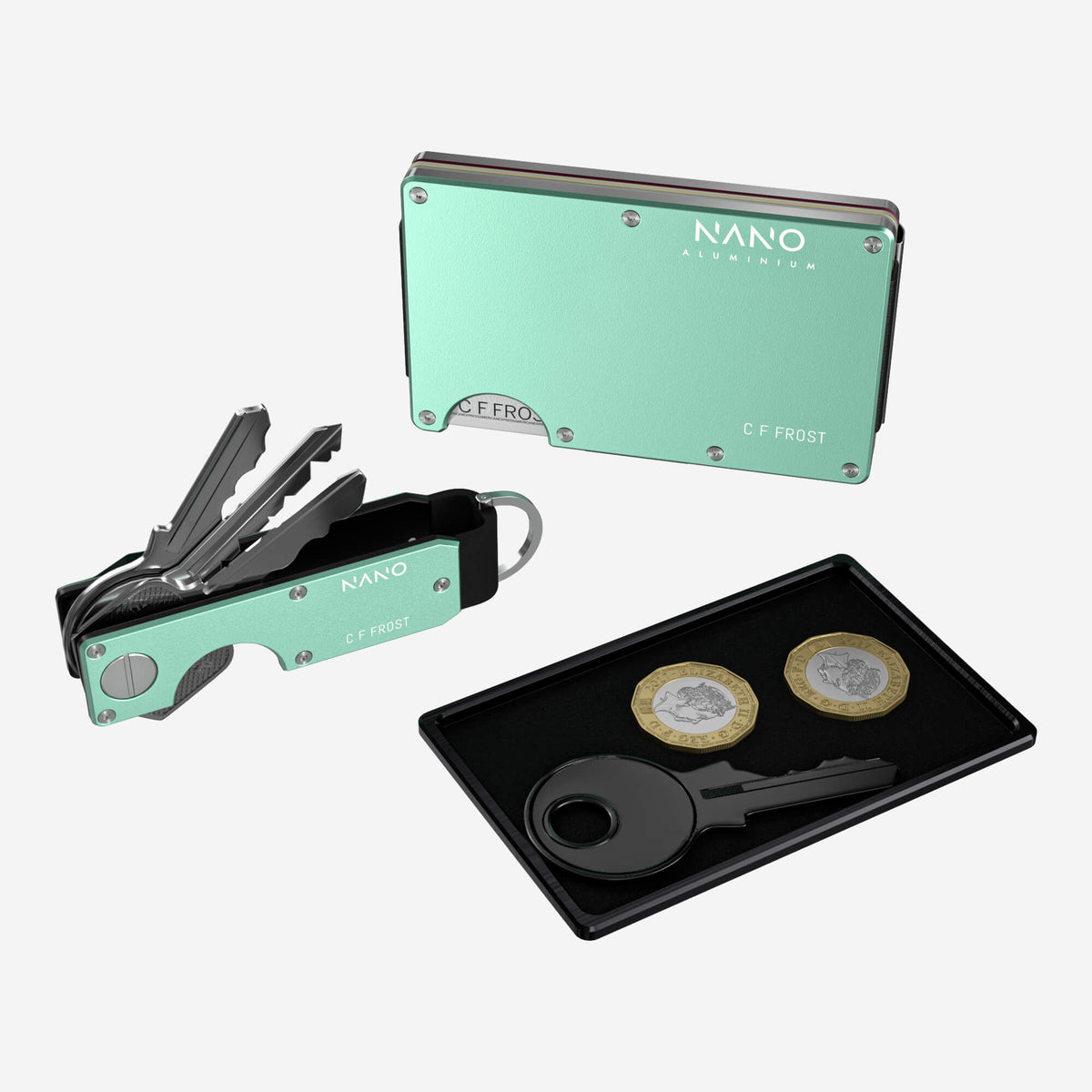 NANO CHIC Orchard Mint aerospace aluminium cash strap wallet — angled rear view showing the cash strap