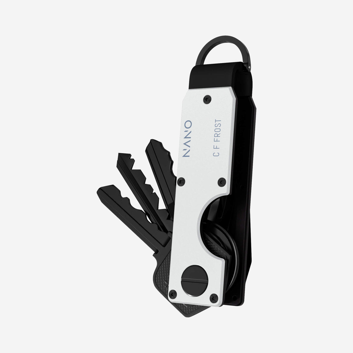 NANO Carrera White aerospace aluminium key case — example NANO ID engraving