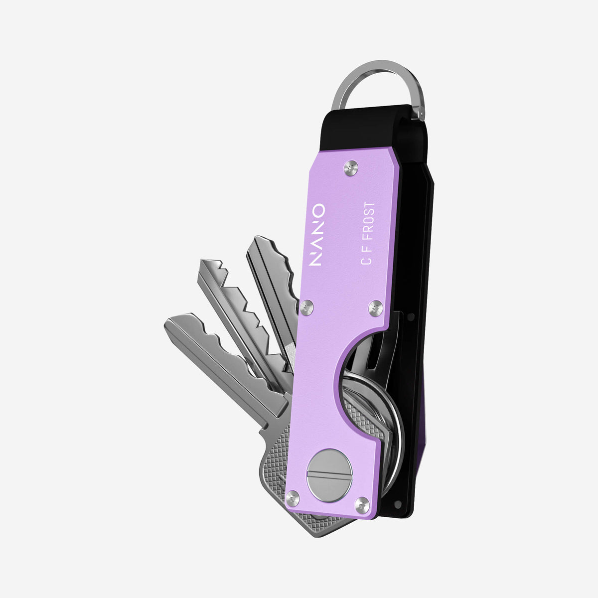 NANO CHIC Twilight Lilac aerospace aluminium key case — example NANO ID engraving