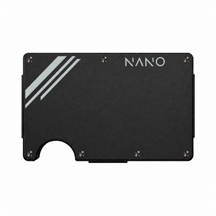 NANO Edition One Vortex Black/Nardo Grey powder-coated aluminium cash strap wallet — front straight-on view