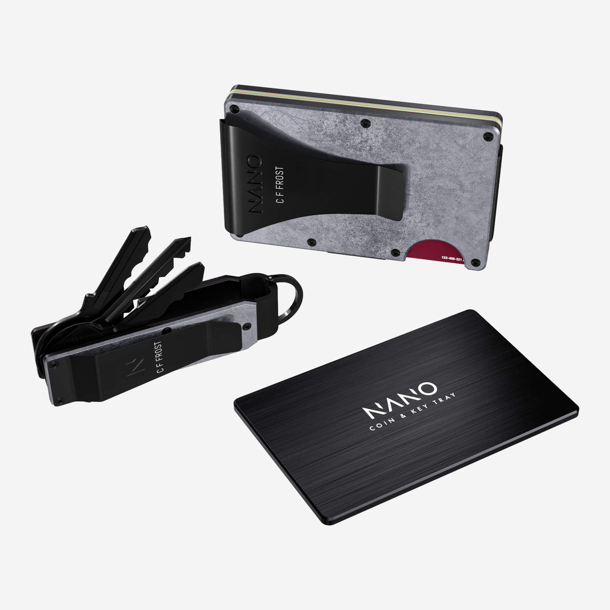 NANO Dark Storm aerospace aluminium money clip wallet — rear view with cards ready to access