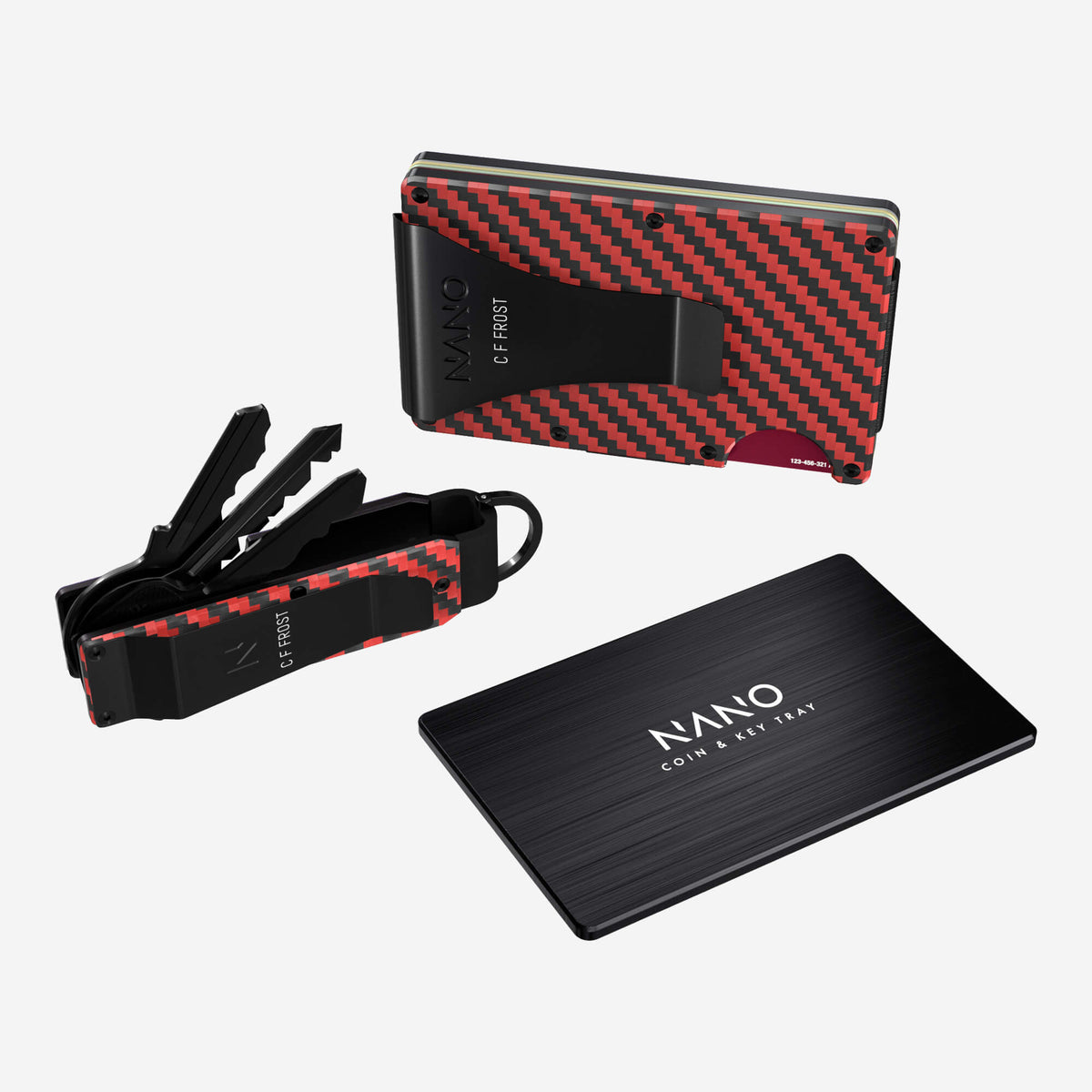 NANO Diablo Red/Stealth Black 3K carbon fibre money clip wallet — rear view with cards ready to access