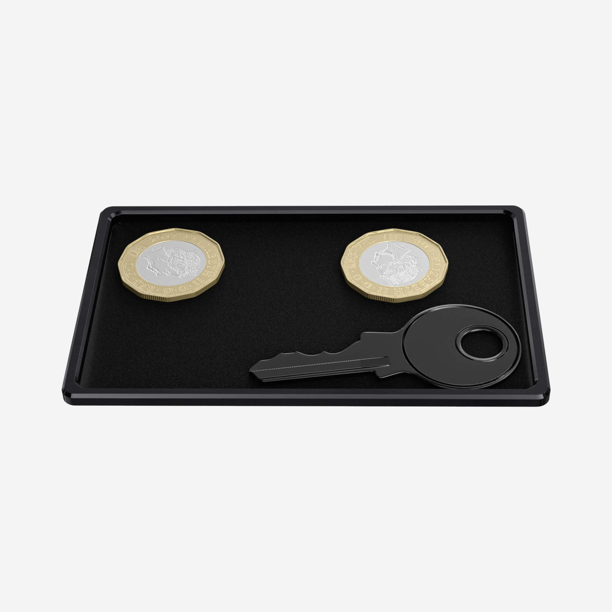 Coin & Key Tray — Coins and key, top view