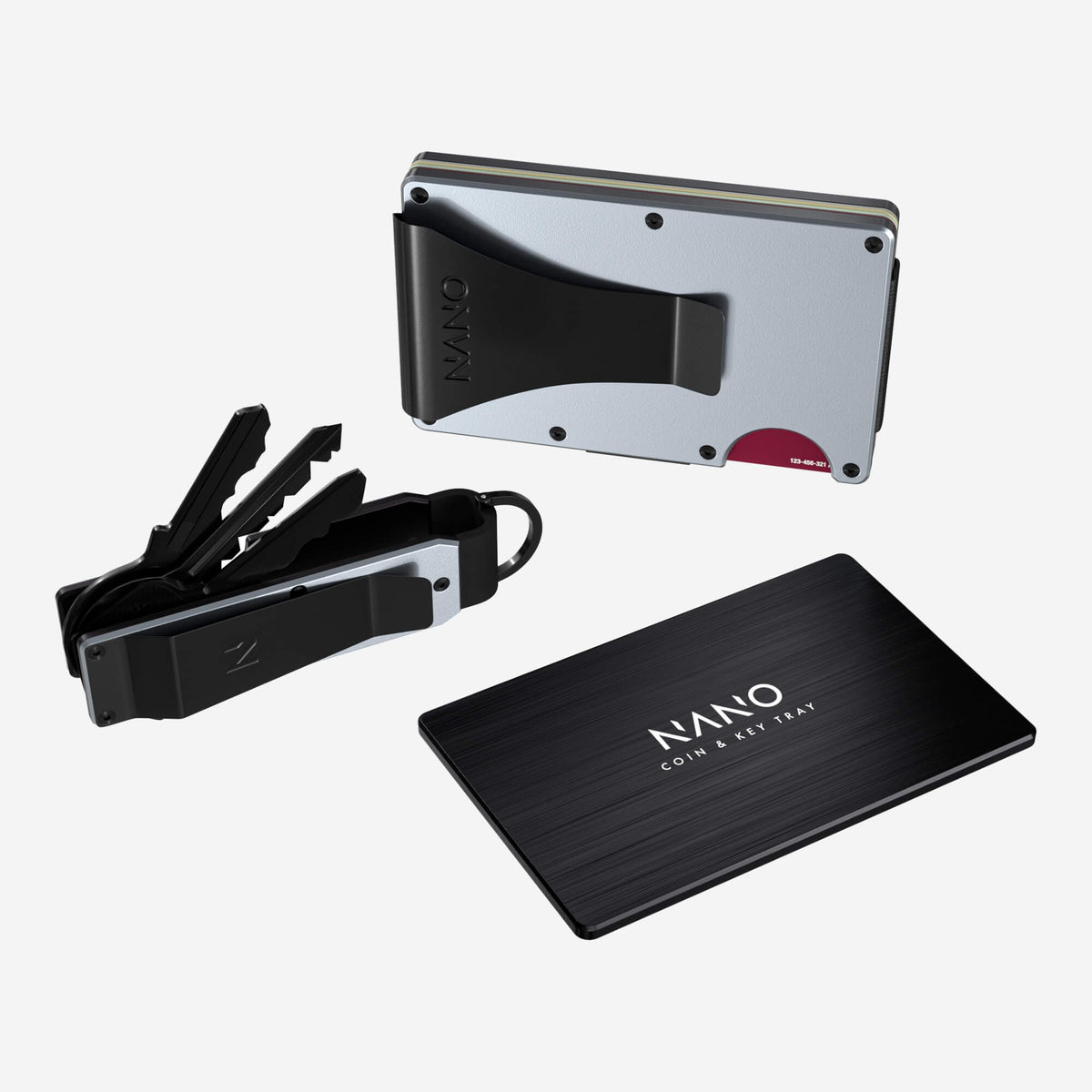 NANO Spyder Grey aerospace aluminium money clip wallet — rear view with cards ready to access
