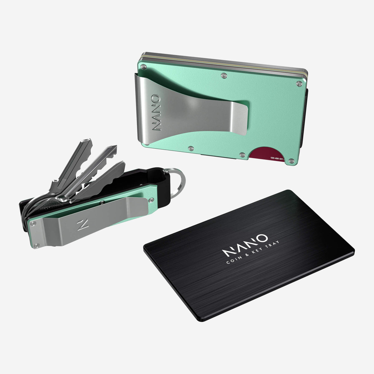 NANO CHIC Orchard Mint aerospace aluminium money clip wallet — rear view with cards ready to access