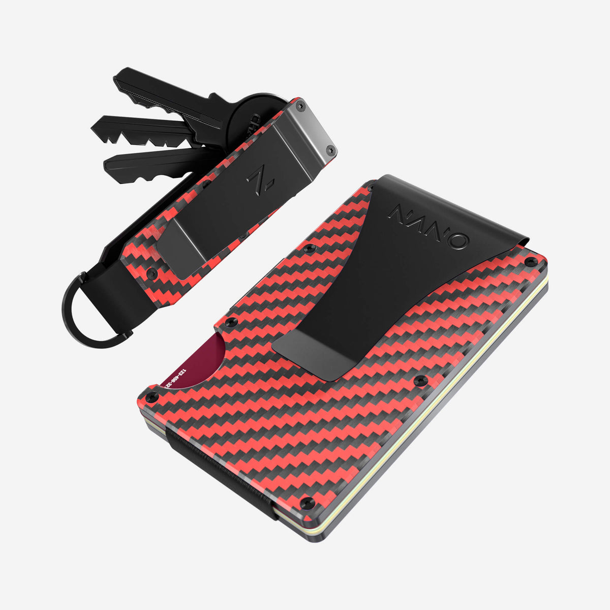 NANO Diablo Red/Stealth Black 3K carbon fibre money clip wallet — rear view with cards ready to access