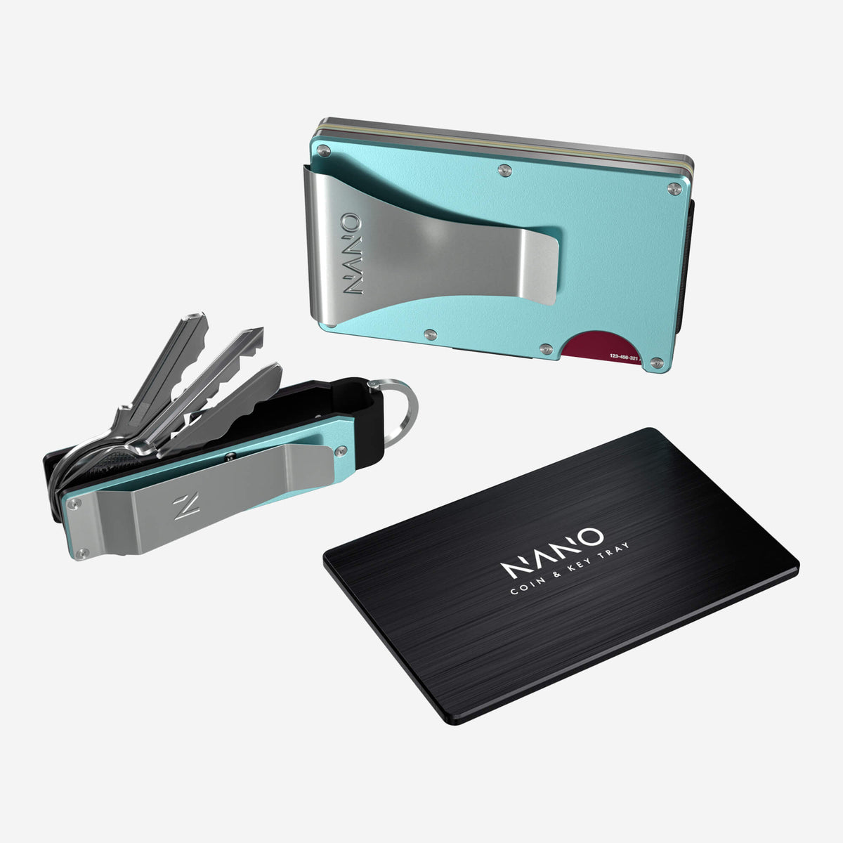 NANO CHIC Ocean Mist aerospace aluminium money clip wallet — rear view with cards ready to access