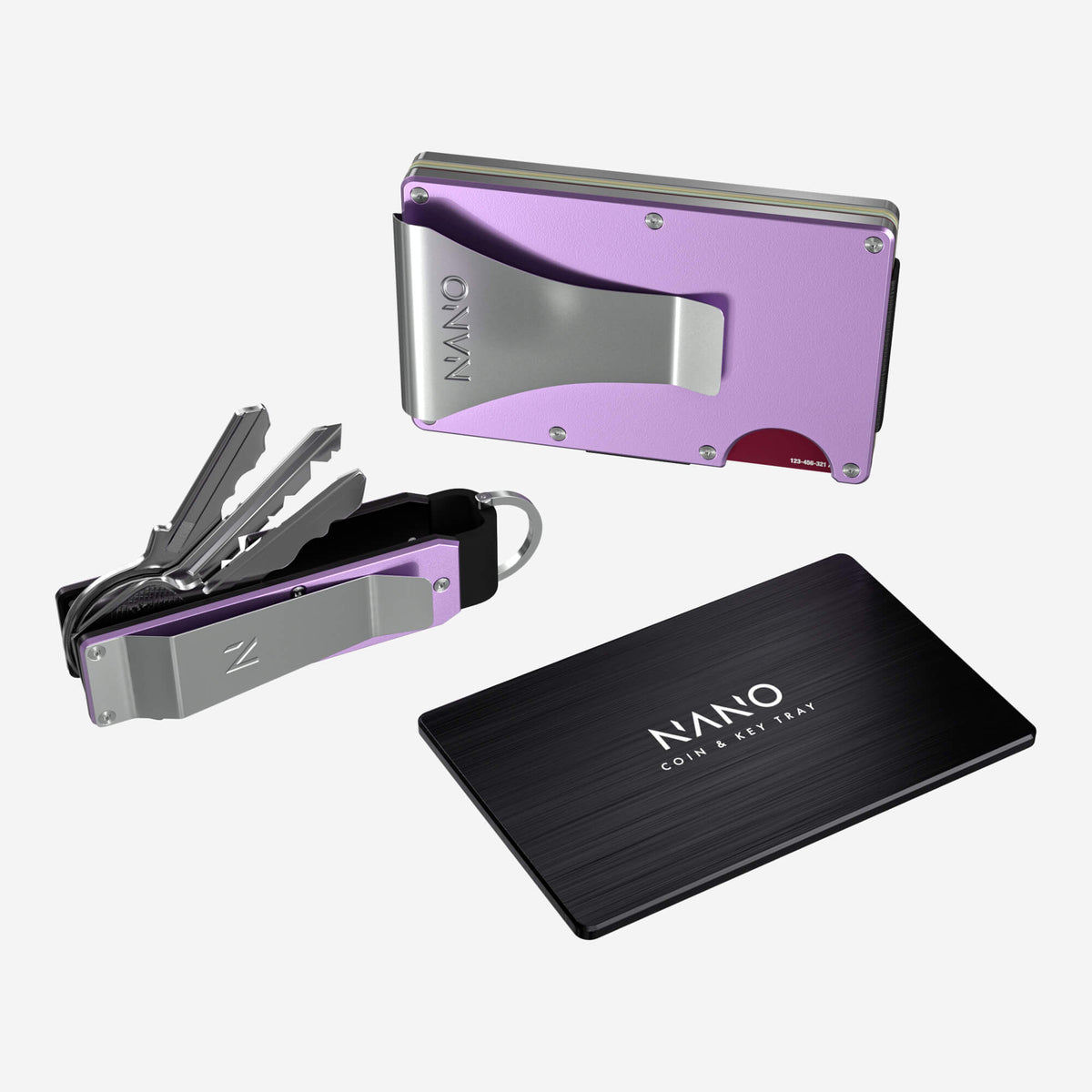 NANO CHIC Twilight Lilac aerospace aluminium money clip wallet — rear view with cards ready to access