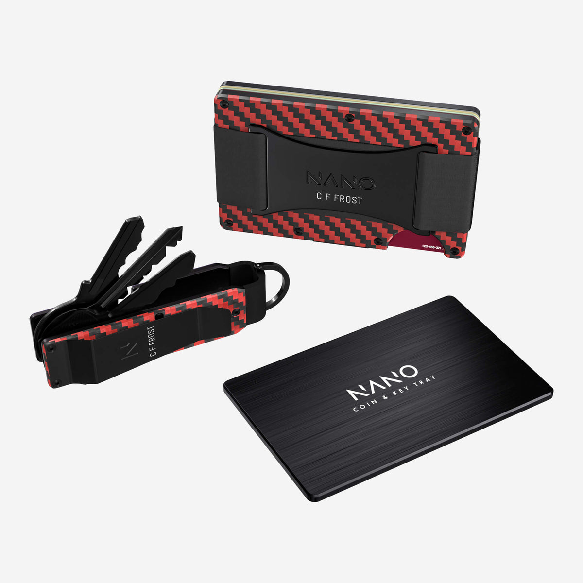 NANO Diablo Red/Stealth Black 3K carbon fibre cash strap wallet — with cards ready to access