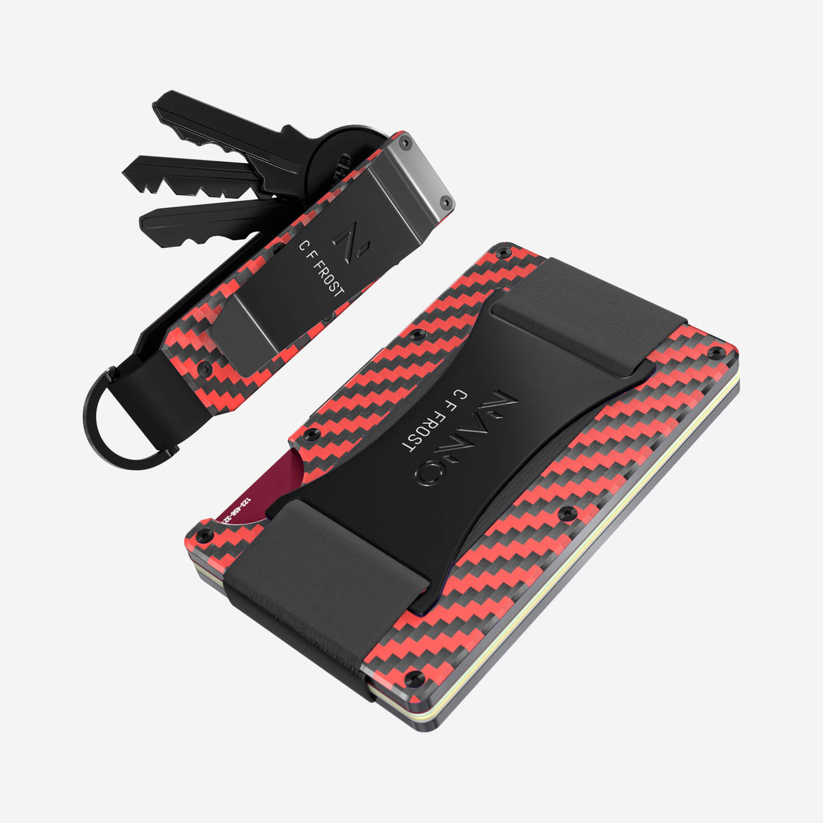 NANO Diablo Red/Stealth Black 3K carbon fibre cash strap wallet — with cards ready to access