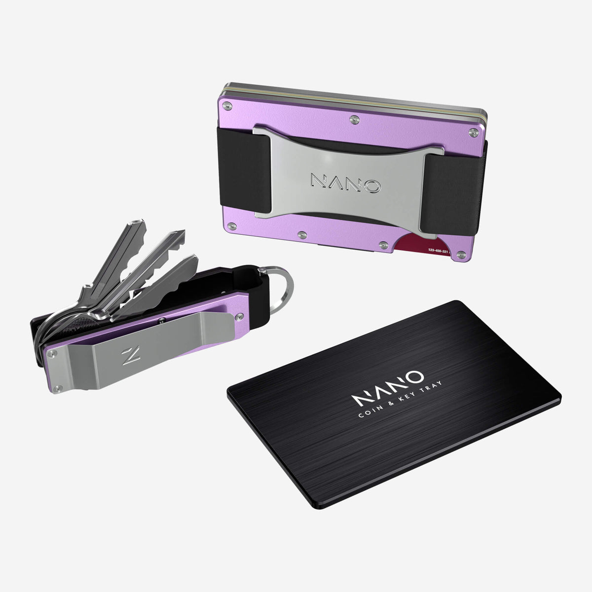 NANO CHIC Twilight Lilac aerospace aluminium cash strap wallet — with cards ready to access