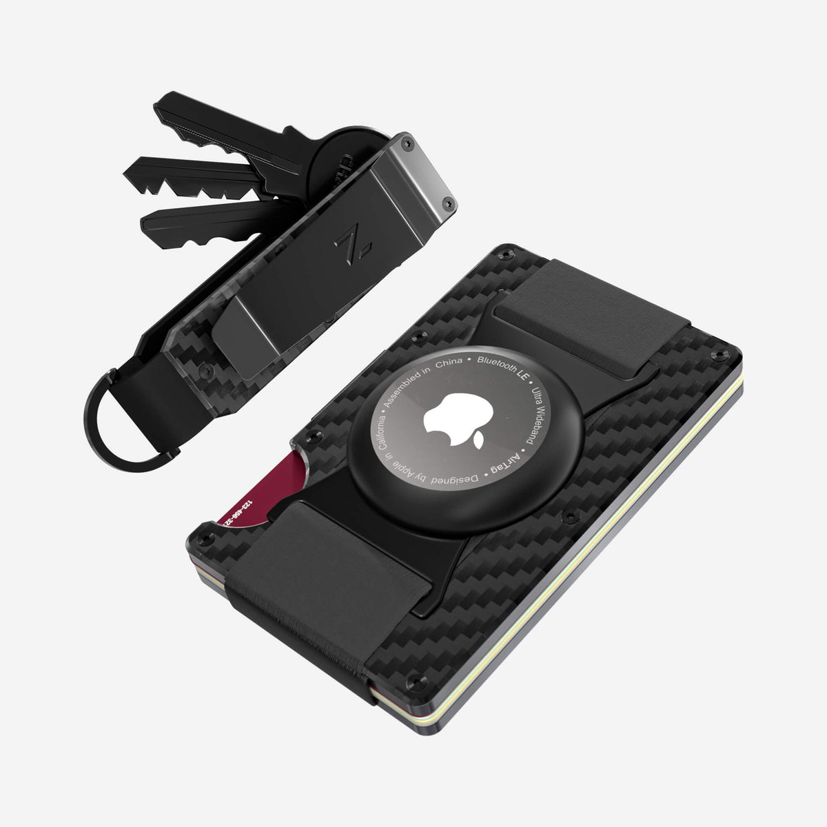 NANO Stealth Black 3K carbon fibre AirTag cash strap wallet — top view of the cards and cash strap