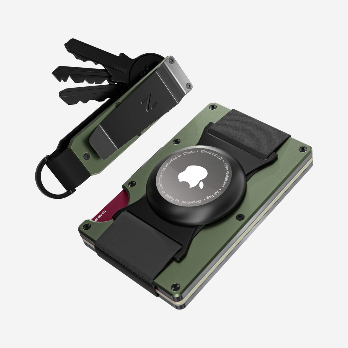 NANO Heritage Green aerospace aluminium AirTag cash strap wallet — top view of the cards and cash strap