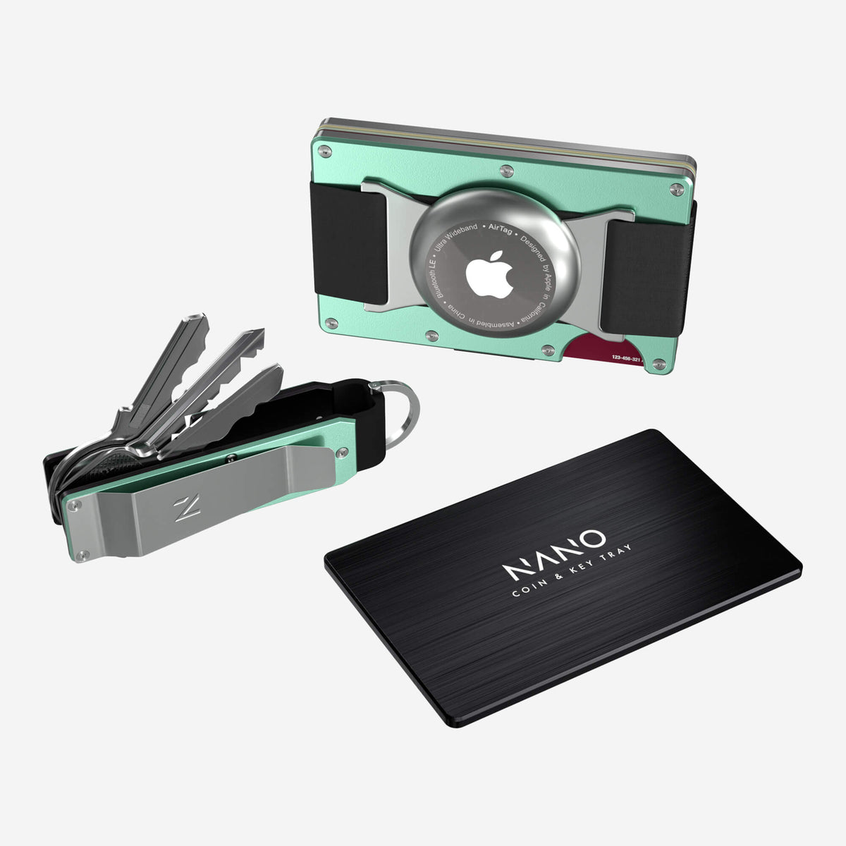 NANO CHIC Orchard Mint aerospace aluminium AirTag cash strap wallet — top view of the cards and cash strap