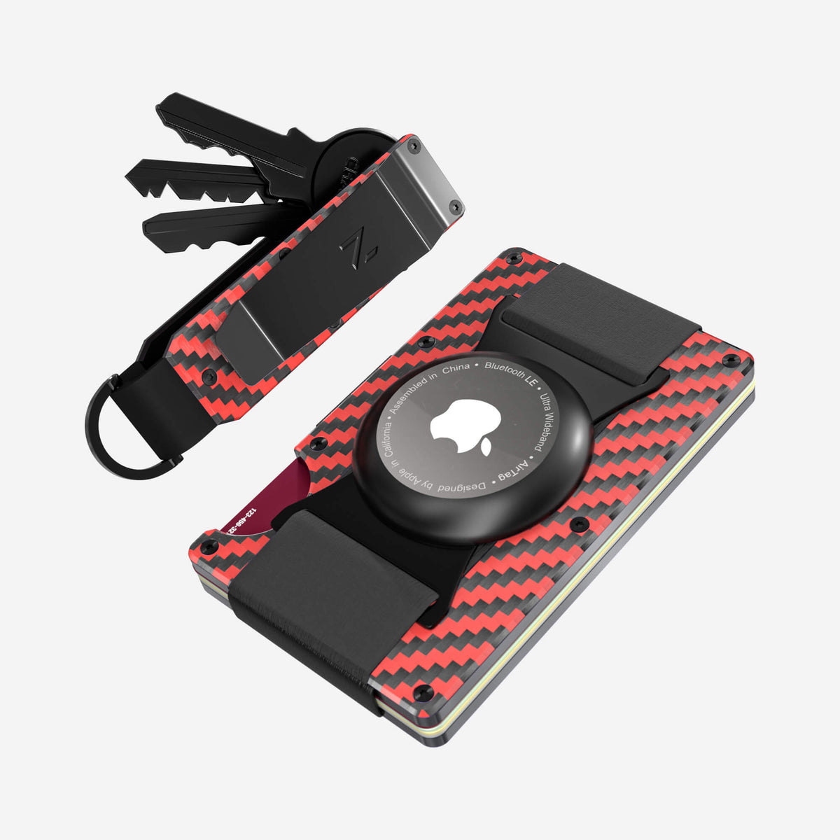 NANO Diablo Red/Stealth Black 3K carbon fibre AirTag cash strap wallet — top view of the cards and cash strap