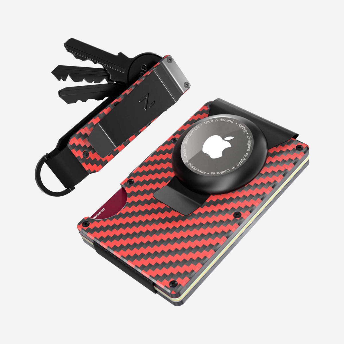 NANO Diablo Red/Stealth Black 3K carbon fibre AirTag money clip wallet — angled front view