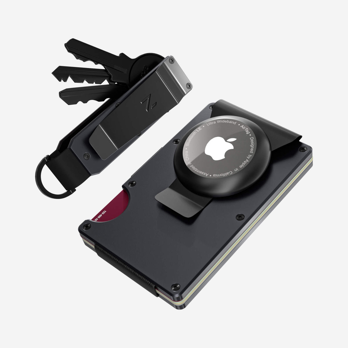 NANO Titan Gunmetal aerospace aluminium AirTag money clip wallet — angled front view