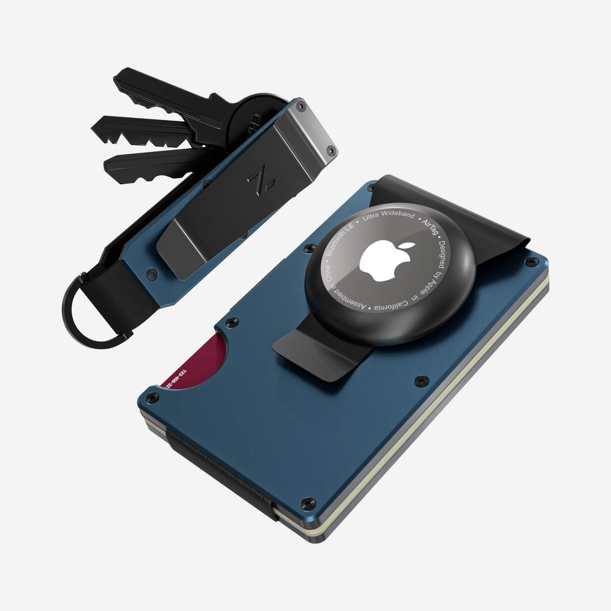 NANO Riviera Navy aerospace aluminium AirTag money clip wallet — angled front view