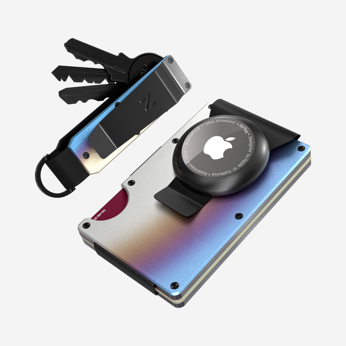 NANO Flame Burnt aerospace aluminium AirTag money clip wallet — angled front view