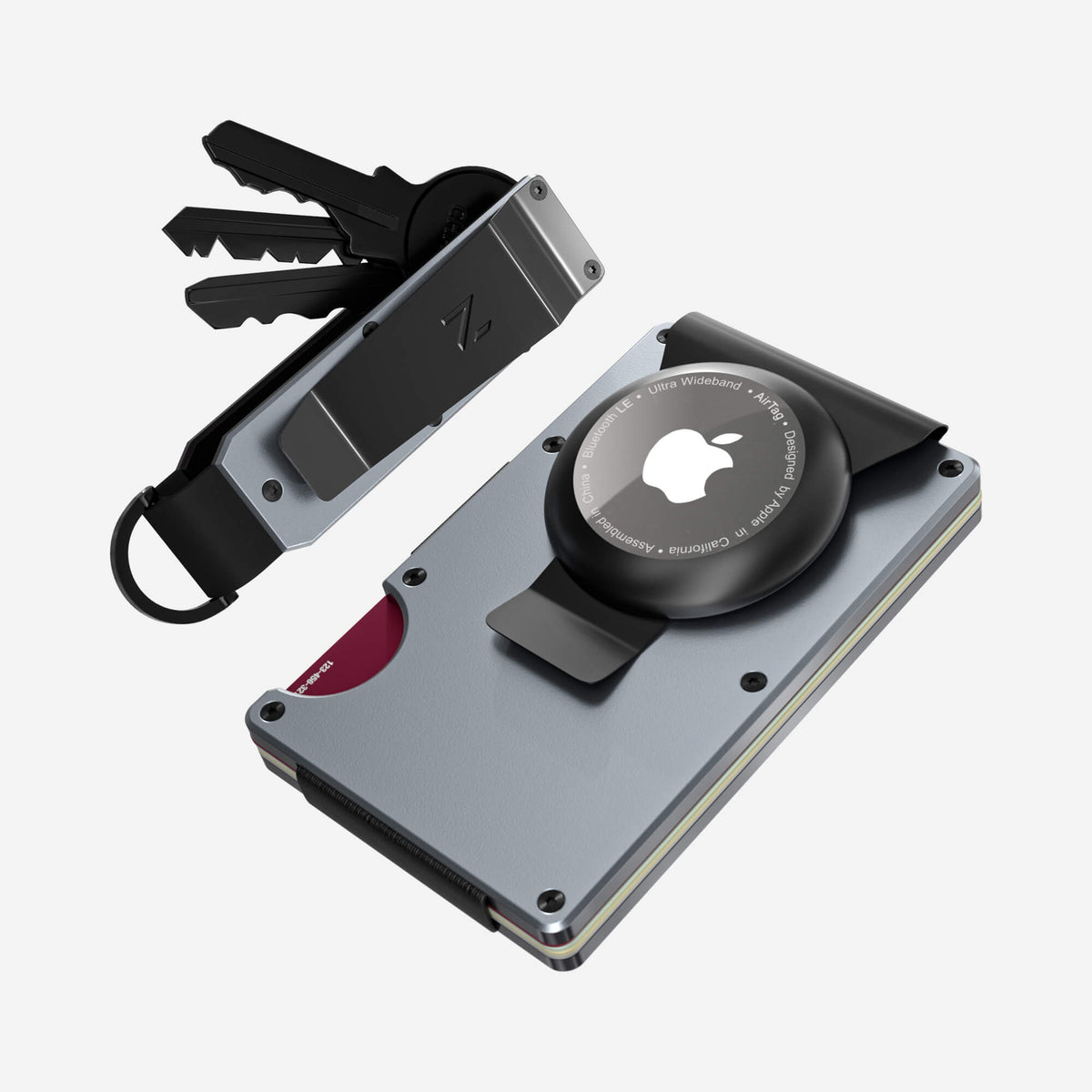 NANO Spyder Grey aerospace aluminium AirTag money clip wallet — angled front view