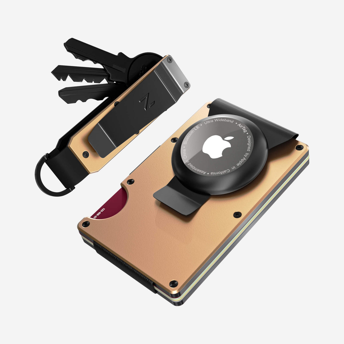 NANO Spectre Gold aerospace aluminium AirTag money clip wallet — angled front view