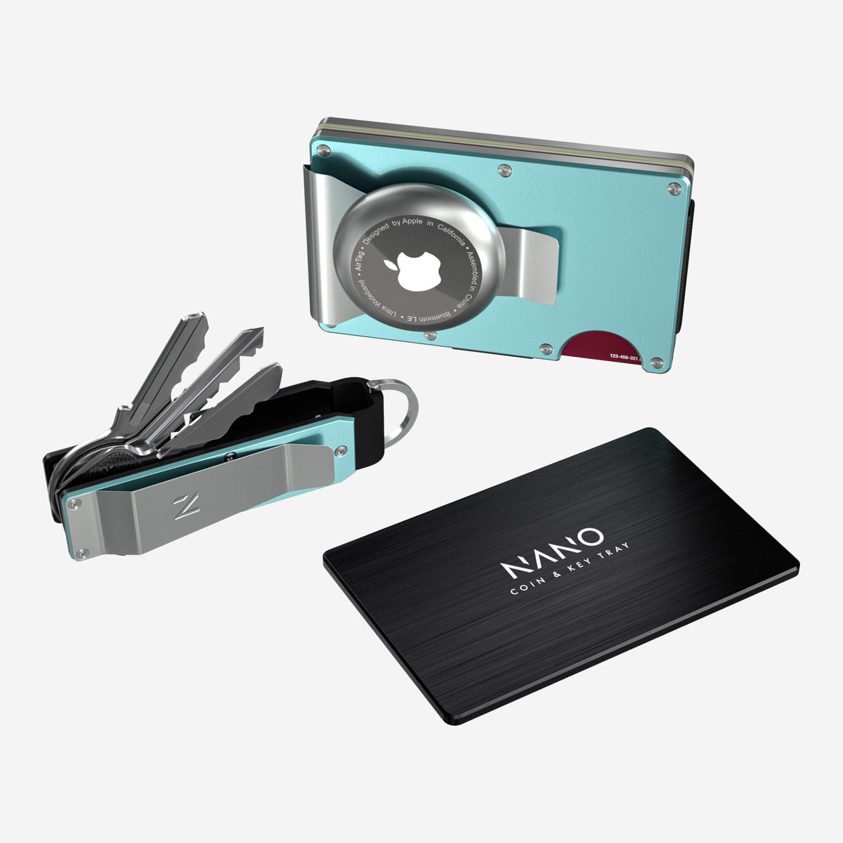 NANO Ocean Mist aerospace aluminium AirTag money clip wallet — angled front view