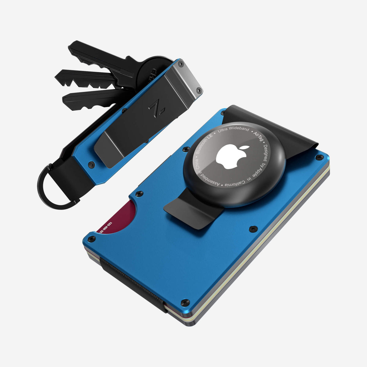 NANO Velocity Blue aerospace aluminium AirTag money clip wallet — angled front view
