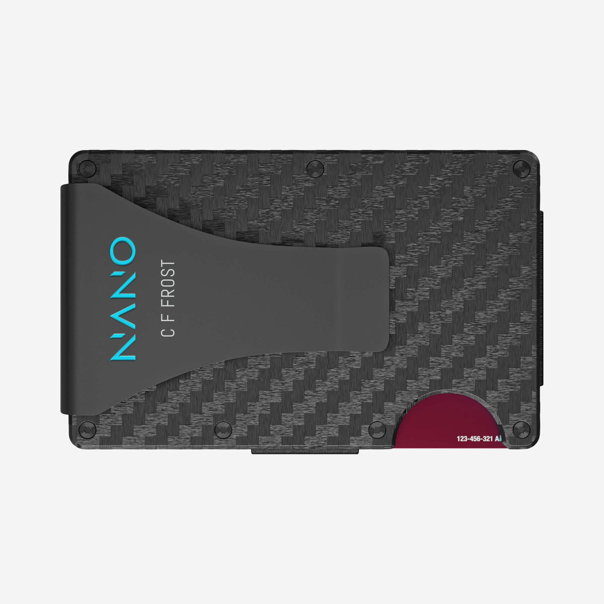 NANO Carbon 004 Stealth Black/Miami Blue 3K carbon fibre money clip wallet — rear horizontal view showing the money clip