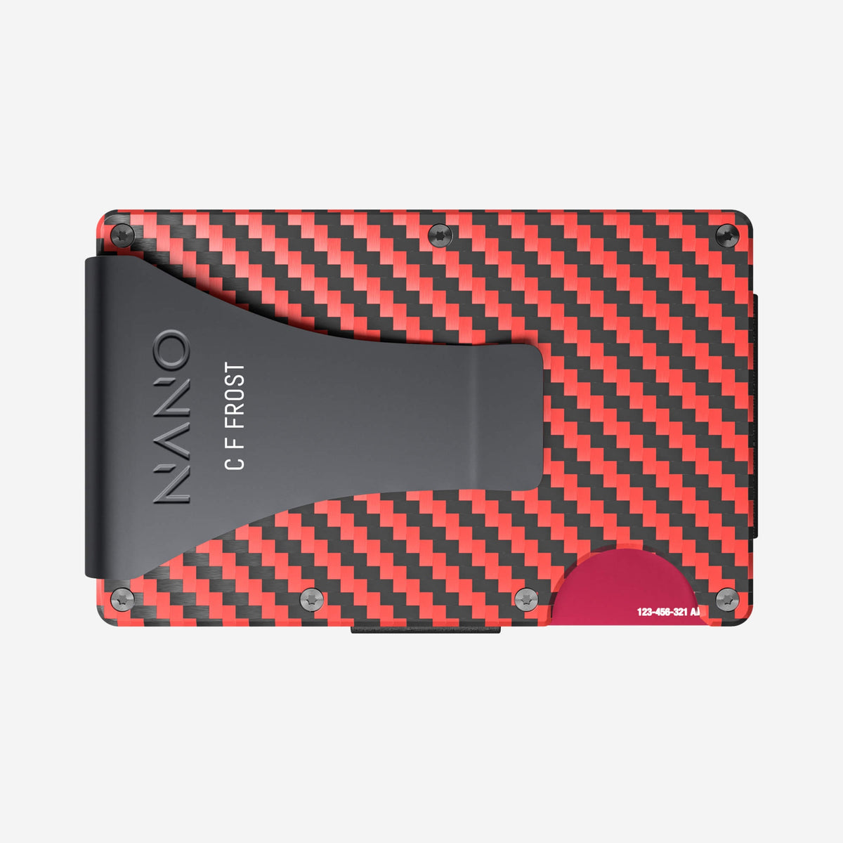 NANO Diablo Red/Stealth Black 3K carbon fibre money clip wallet — example NANO ID engraving