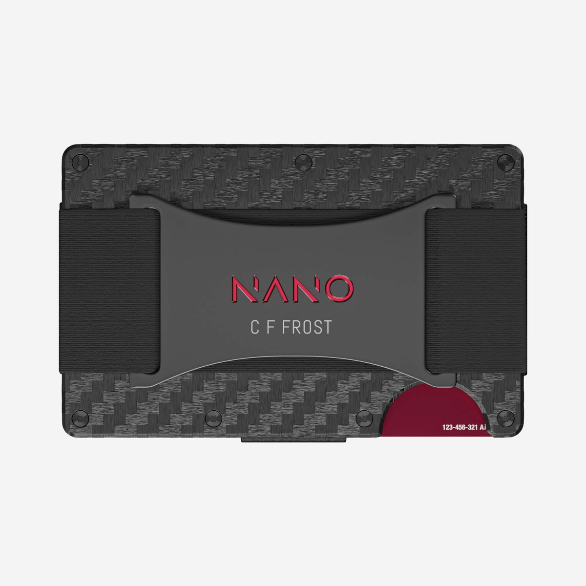 NANO Carbon 003 Stealth Black/Volcano Red 3K carbon fibre cash strap wallet — rear horizontal view showing the cash strap