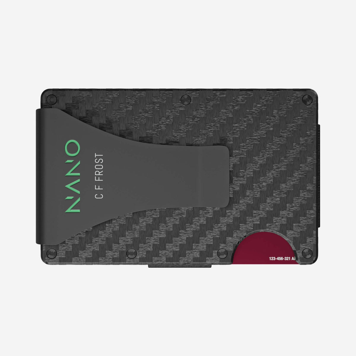 NANO Carbon 005 Stealth Black/Viper Green 3K carbon fibre money clip wallet — rear horizontal view showing the money clip