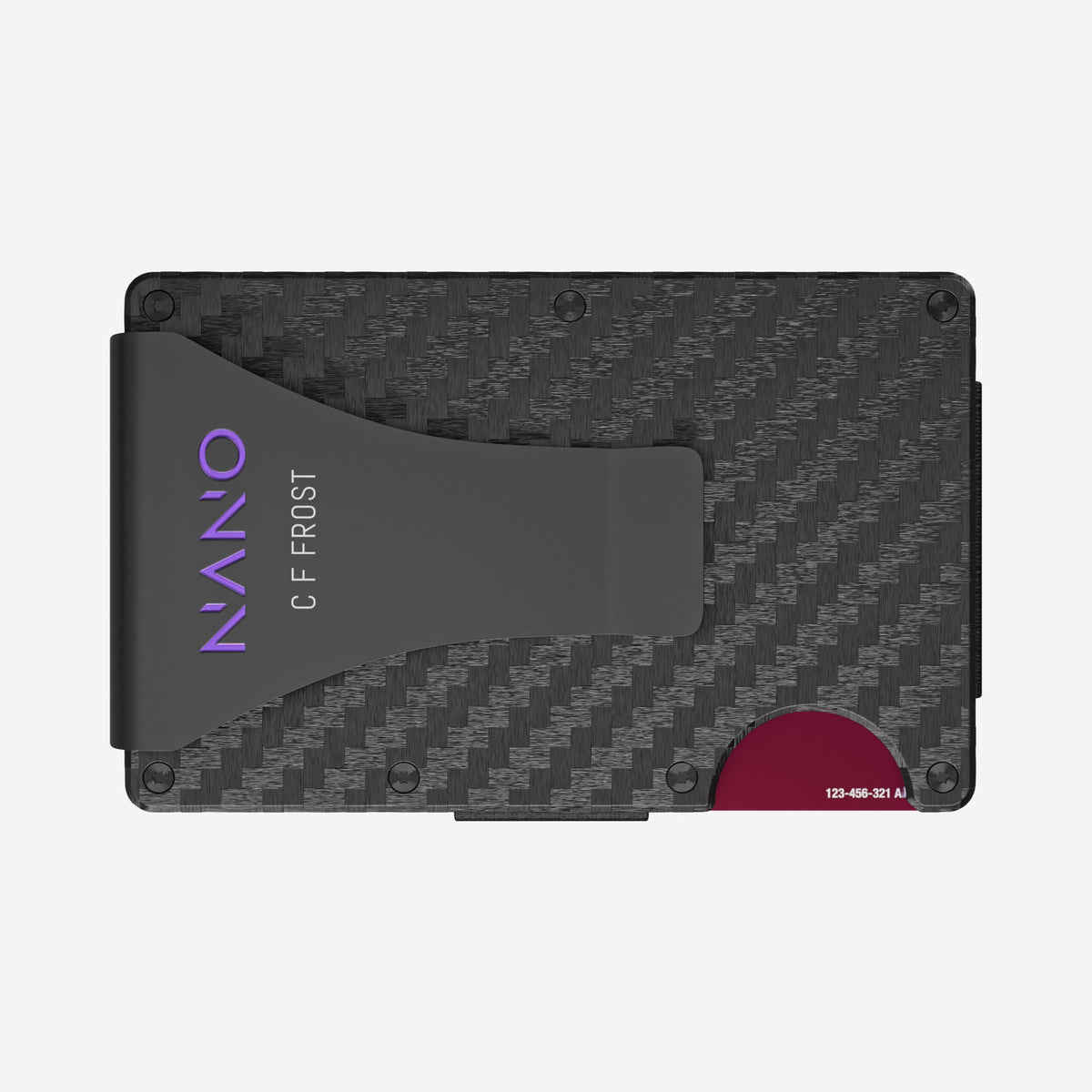 NANO Carbon 001 Stealth Black/Nebula Purple 3K carbon fibre money clip wallet — rear horizontal view showing the money clip
