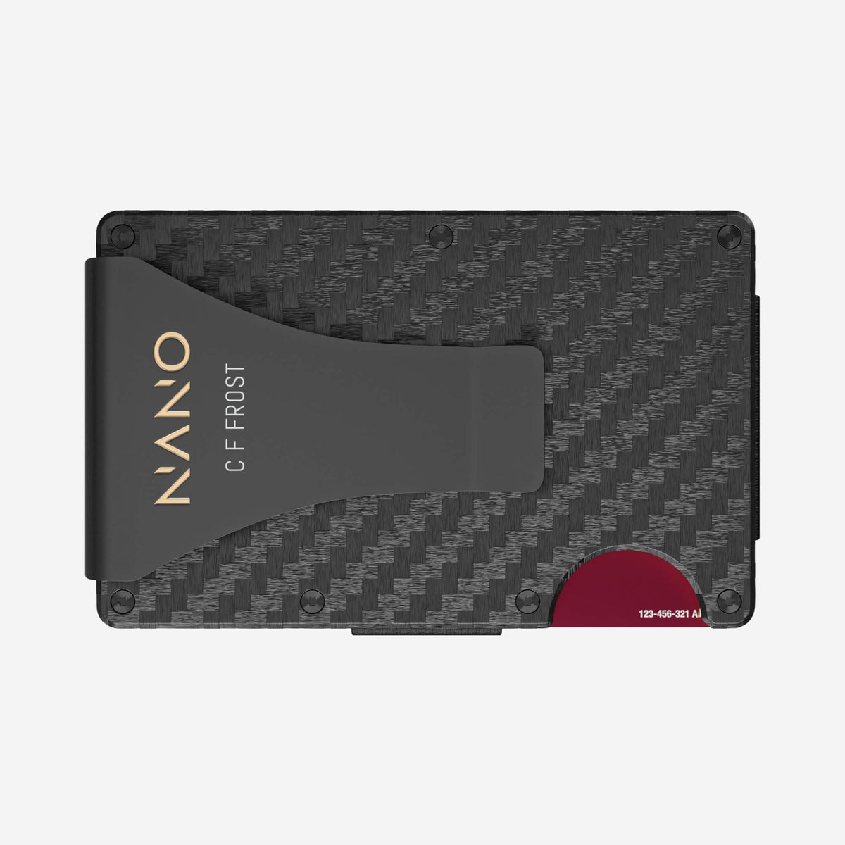 NANO Carbon 007 Stealth Black/Spectre Gold 3K carbon fibre money clip wallet — rear horizontal view showing the money clip