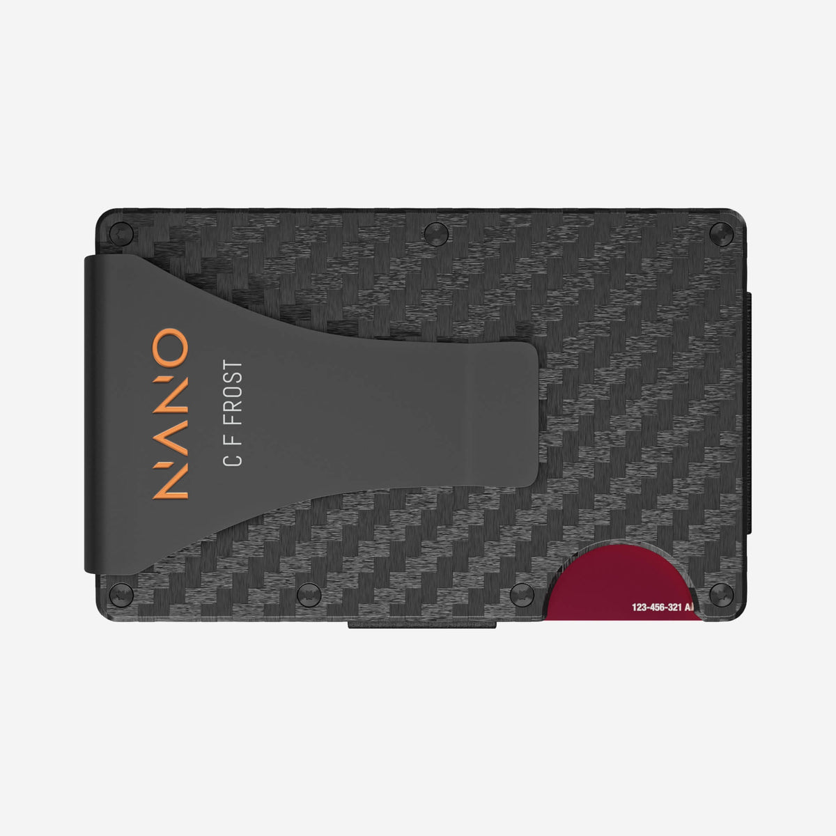 NANO Carbon 002 Stealth Black/Ventura Orange 3K carbon fibre money clip wallet — rear horizontal view showing the money clip