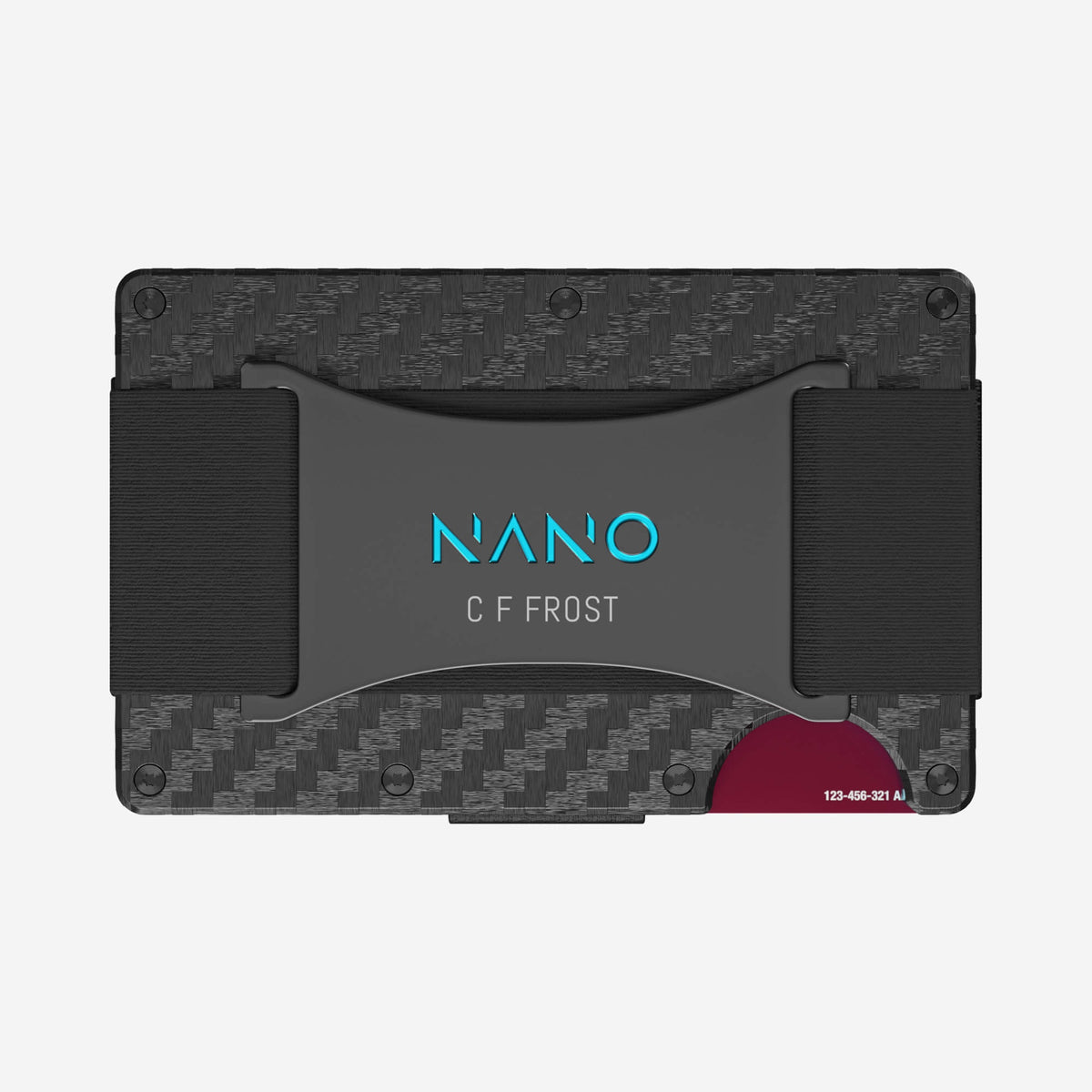 NANO Carbon 004 Stealth Black/Miami Blue 3K carbon fibre cash strap wallet — rear horizontal view showing the cash strap