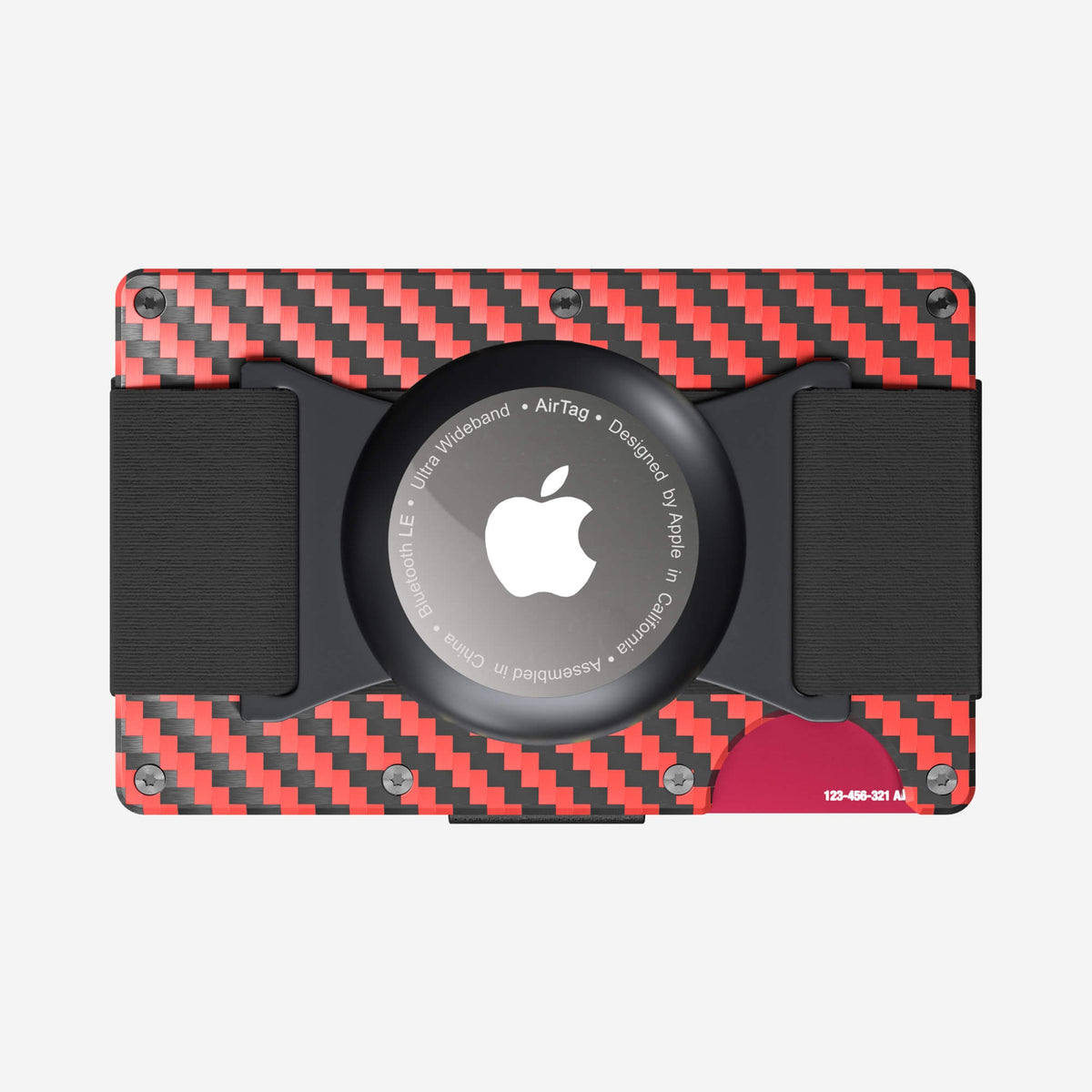 NANO Diablo Red/Stealth Black 3K carbon fibre AirTag cash strap wallet — example NANO ID engraving