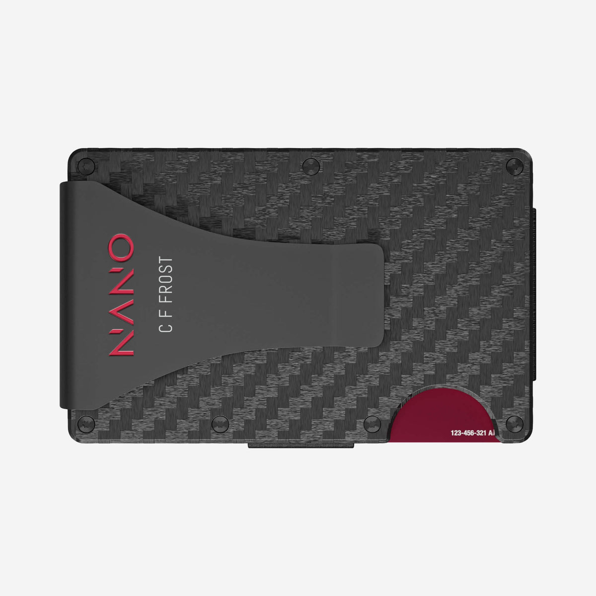 NANO Carbon 003 Stealth Black/Volcano Red 3K carbon fibre money clip wallet — rear horizontal view showing the money clip
