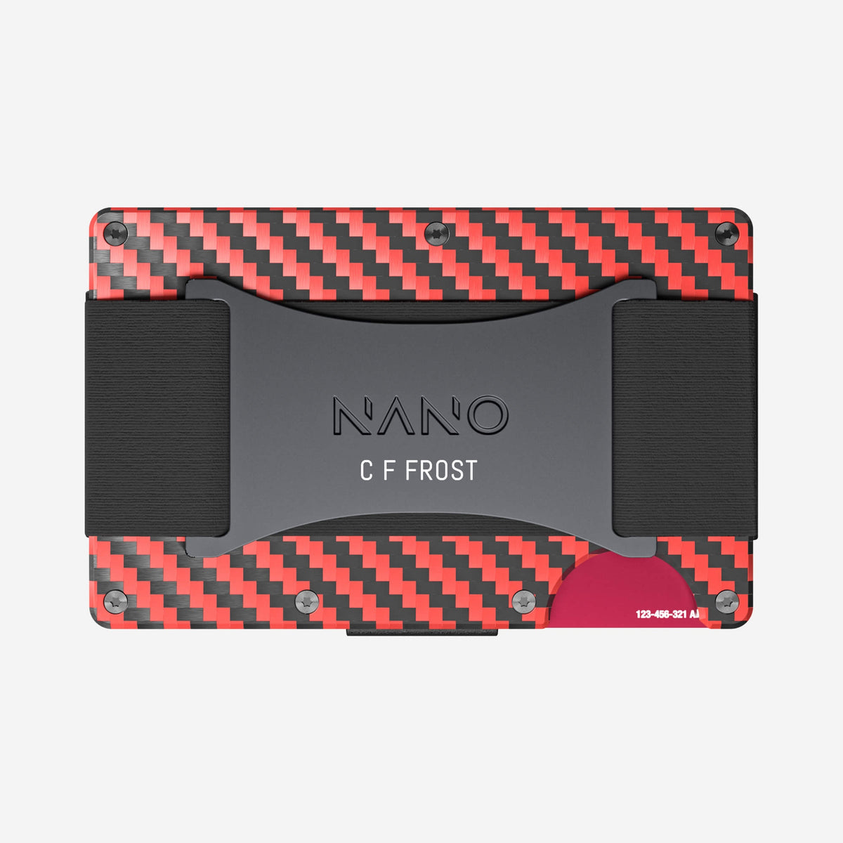 NANO Diablo Red/Stealth Black 3K carbon fibre cash strap wallet — example NANO ID engraving