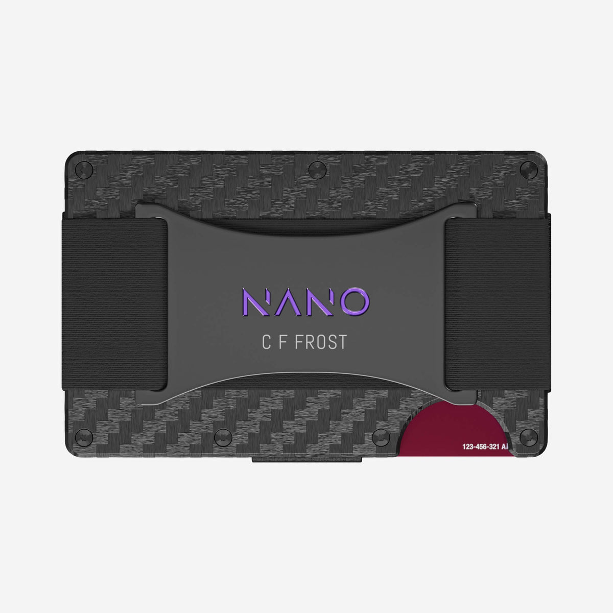 NANO Carbon 001 Stealth Black/Nebula Purple 3K carbon fibre cash strap wallet — rear horizontal view showing the cash strap