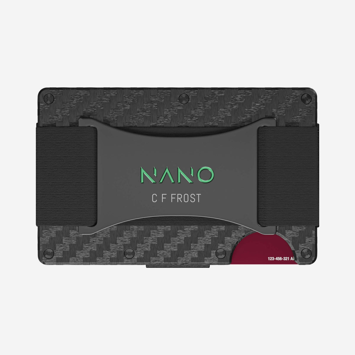 NANO Carbon 005 Stealth Black/Viper Green 3K carbon fibre cash strap wallet — rear horizontal view showing the cash strap