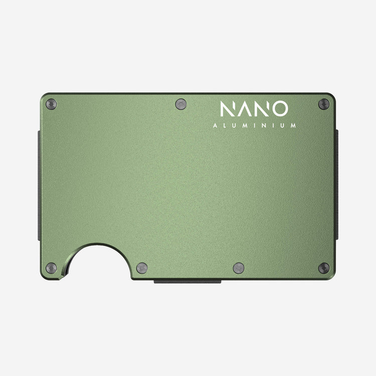 NANO Heritage Green aerospace aluminium cash strap wallet — front view